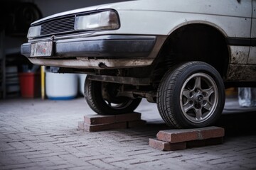 A vehicle parked on a garage platform, ready for maintenance or storage