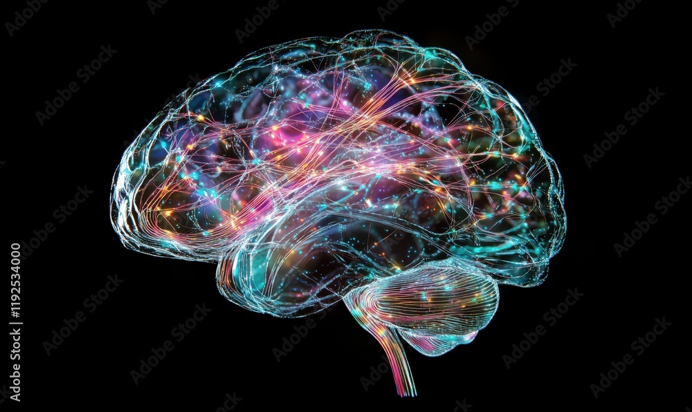 Poster colorful abstract representation of human brain with neural connections and glowing lights, showcasi