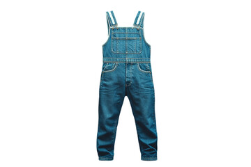 Realistic men's denim overalls on blue, front view.