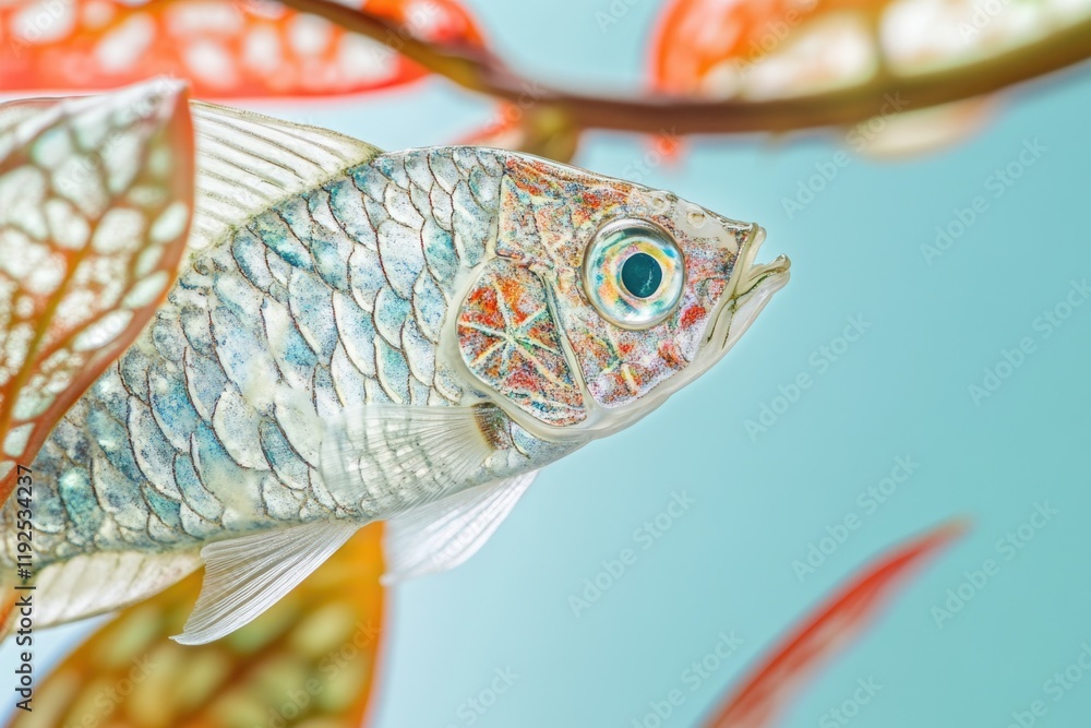 Poster a close-up shot of a fish perched on a tree branch, highlighting its scales and fins