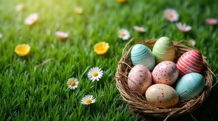 Colorful Easter eggs in a wicker basket on green grass with daisies and yellow flowers. Spring holiday decoration.