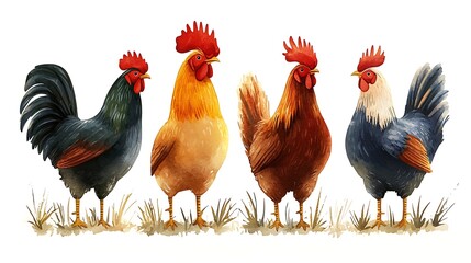 Fototapeta premium Watercolor Illustration of Four Roosters in Different Colors Standing in Grass.
