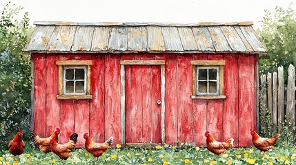 Watercolor Painting of Chickens by a Rustic Red Barn.