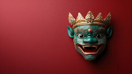 Green giant mask with golden crown on red background representing thai culture