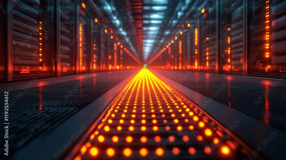 Poster futuristic data center corridor with glowing red lights and server racks, showcasing advanced techno