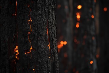 Charred Tree Trunks with Glowing Embers After Fire