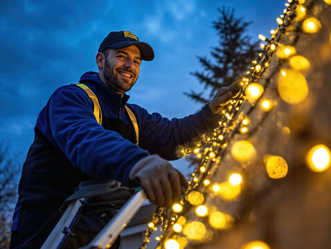 Technician hanging string lights for christmas decoration on house roof at dusk