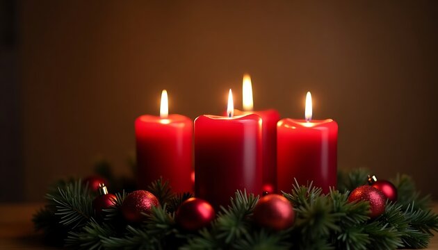 Red Advent candles with Christmas decorations
