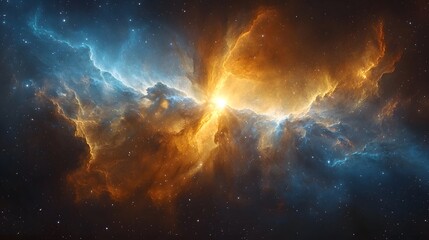 Fototapeta premium Glowing Cosmic Cathedral Radiant Arches of Blue and Gold Light in Vibrant Nebula Background