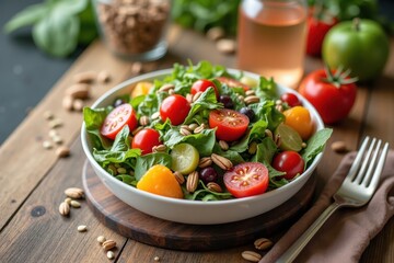 A wooden dining table beautifully arranged with a colorful salad, nuts, seeds, and a glass of detox water, inviting a healthy lifestyle