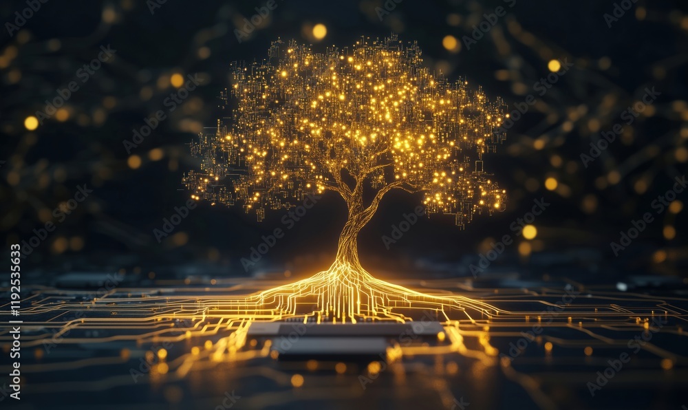 Poster digital tree with glowing roots and branches, symbolizing technology and nature integration, illumin