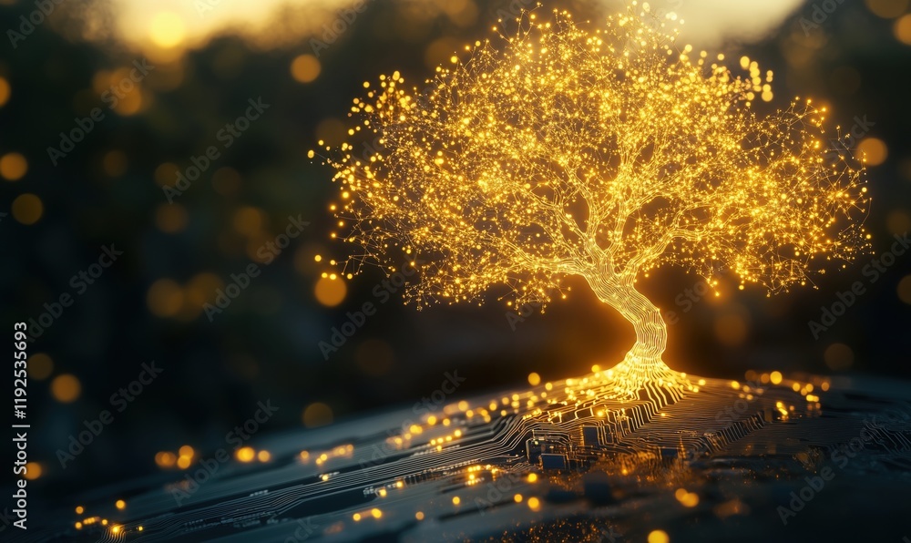 Poster illuminated tree of life emerging from circuit board, symbolizing technology and nature integration,