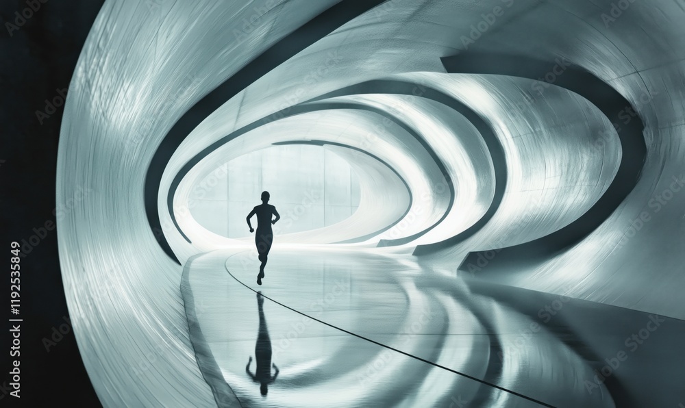 Poster futuristic runner in sleek, illuminated tunnel showcasing dynamic motion and modern architecture
