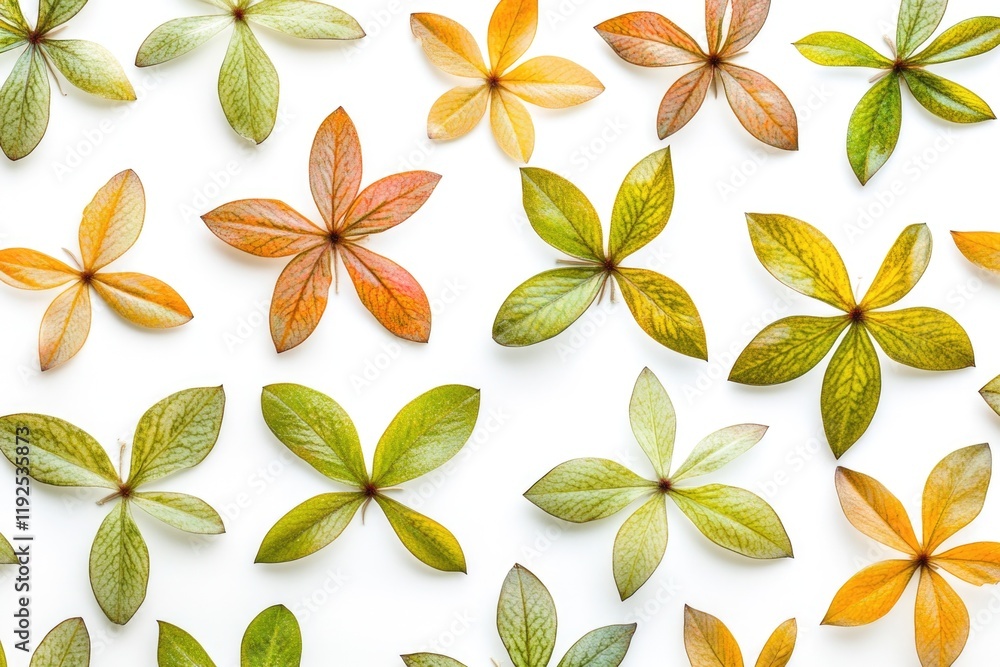 Poster a collection of different colored leaves arranged on a white surface, ideal for use in designs relat