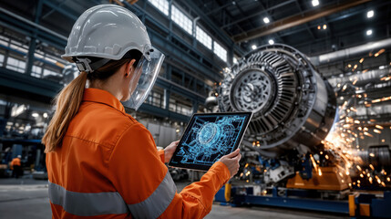 Female industrial engineer using digital tablet, managing machinery production in a heavy industry factory