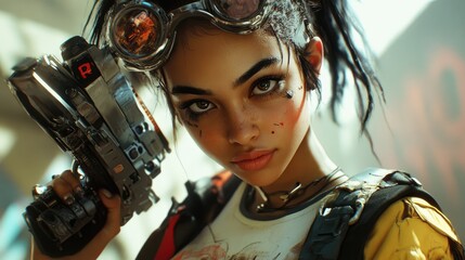 Obraz premium Cyberpunk Girl with Futuristic Weapon