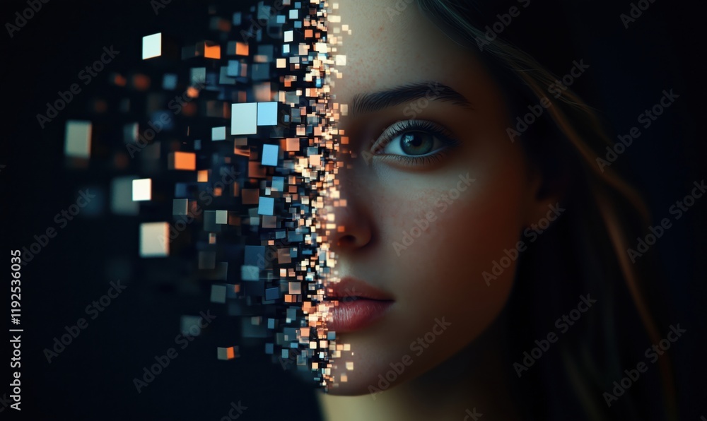 Poster digital transformation of human face with fragmentation effect, merging reality and technology, arti