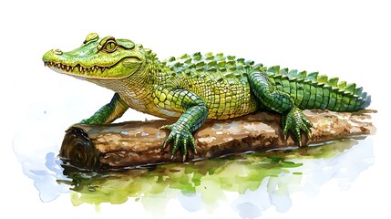 Obraz premium Watercolor Painting of a Green Alligator Resting on a Log by the Water.