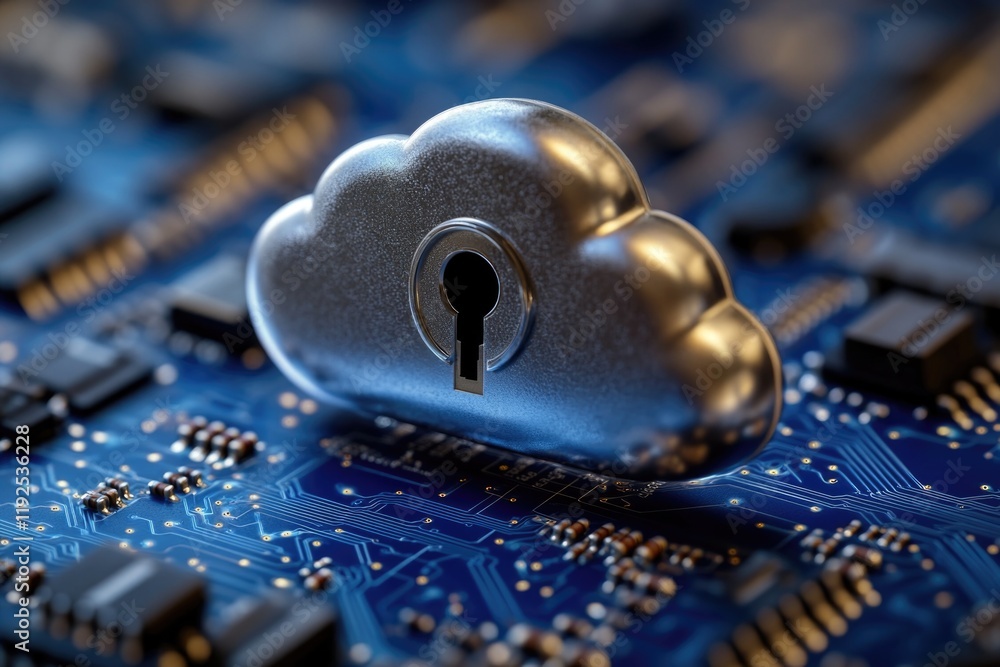 Aufkleber A cloud-shaped keyhole on top of a computer motherboard, suitable for use in technology and innovation illustrations