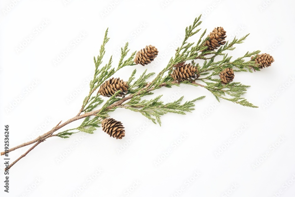 Poster a photograph of a branch from a pine tree with pine cones attached, natural scenery