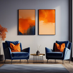 Modern Living Room Interior Blue Velvet Armchairs Orange Pillows Abstract Art