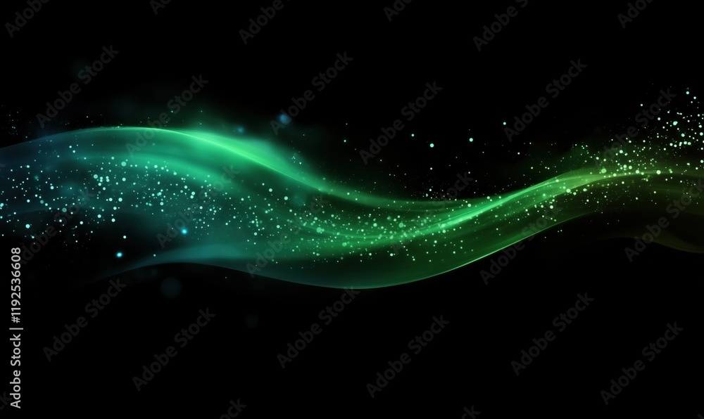 Poster abstract green wave with sparkling particles, smooth flowing lines, ethereal glow, dark background, 