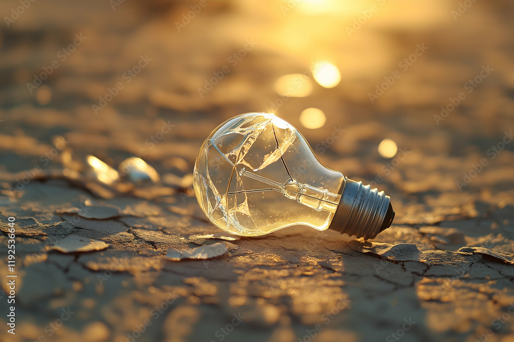Poster a close-up of a light bulb resting on cracked ground, illuminated by soft sunlight, creating a warm 