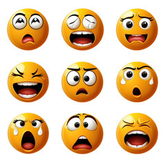 Emojis representing various emotions such as happiness, sadness, anger, and surprise, showcasing range of facial expressions. These symbols convey feelings effectively and are widely used digital