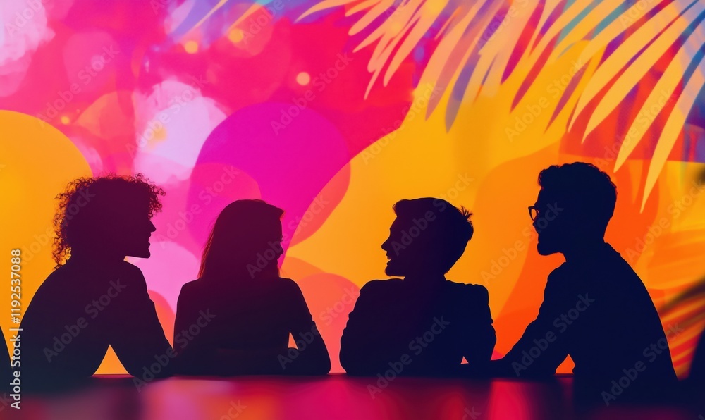 Poster silhouettes of four friends engaged in conversation against vibrant colorful background with abstrac