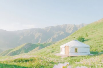 Scenic view of a traditional white yurt set on green hills with mountains in the background under soft daylight.