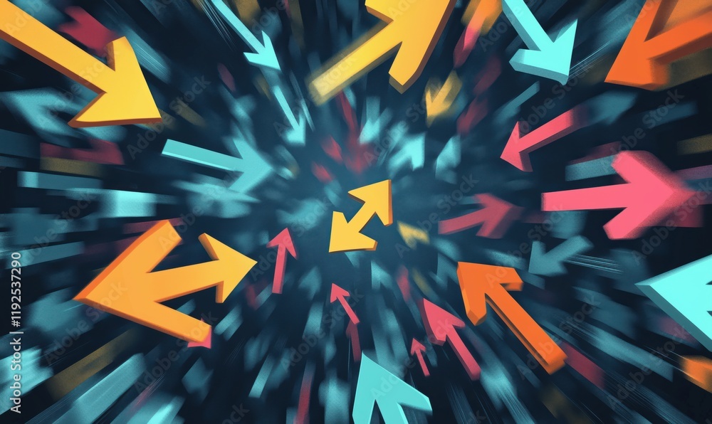 Poster dynamic arrows in motion representing direction, movement, and choice in a vibrant abstract backgrou