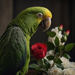 Obraz premium A romantic display featuring a green Amazon parrot gazing into the distance while holding a red rose, with soft lighting on white.