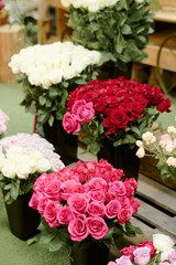 Vertical shot of huge bouquets of roses in black plastic buckets on floor in flower market
