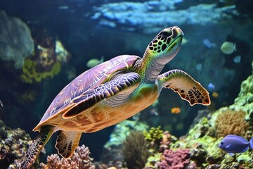 Obraz premium A turtle swims alongside other fish in an aquarium