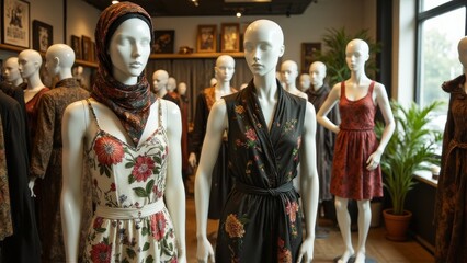 Fair trade fashion pieces styled on mannequins in an eco friendly boutique