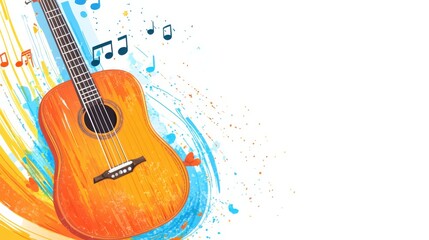 Colorful acoustic guitar with vibrant paint splashes and musical notes creating an artistic background ideal for music-themed projects and creative designs
