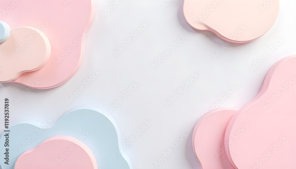 Poster Geometric 3D smooth pastel shapes arranged in an abstract pattern, set against a soft light color palette, creating a calming and modern background with gentle curves and subtle depth