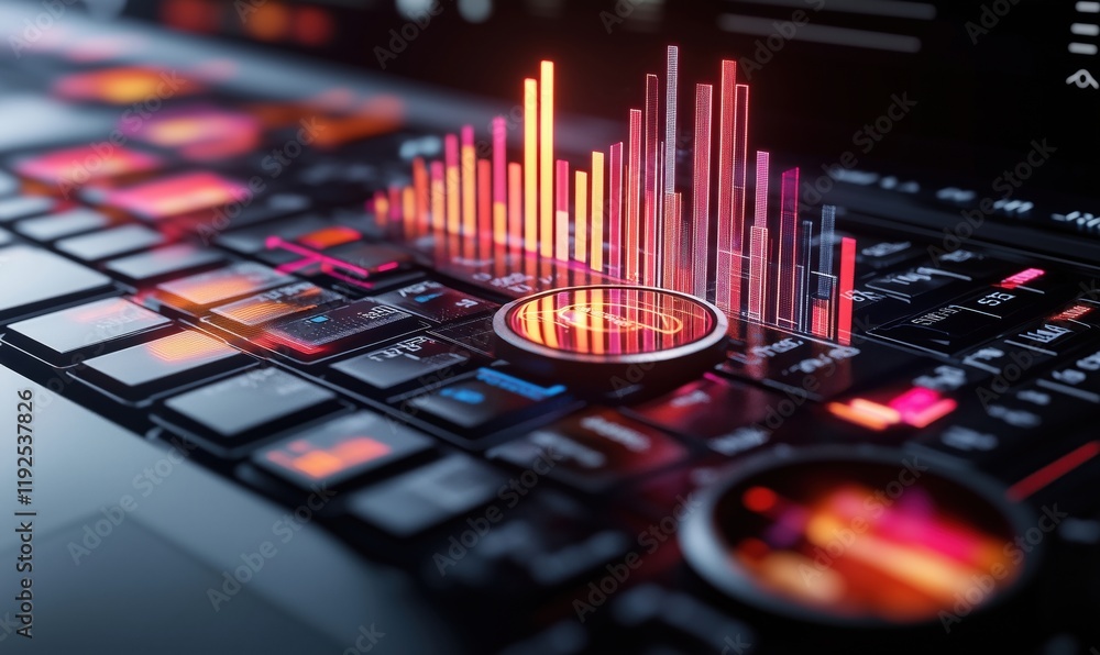 Poster data visualization on keyboard with vibrant graphs and digital elements showcasing technology and an