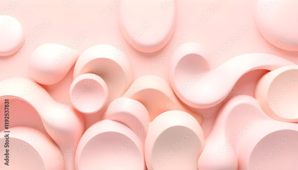 Fototapete Geometric 3D smooth pastel shapes arranged in an abstract pattern, set against a soft light color palette, creating a calming and modern background with gentle curves and subtle depth