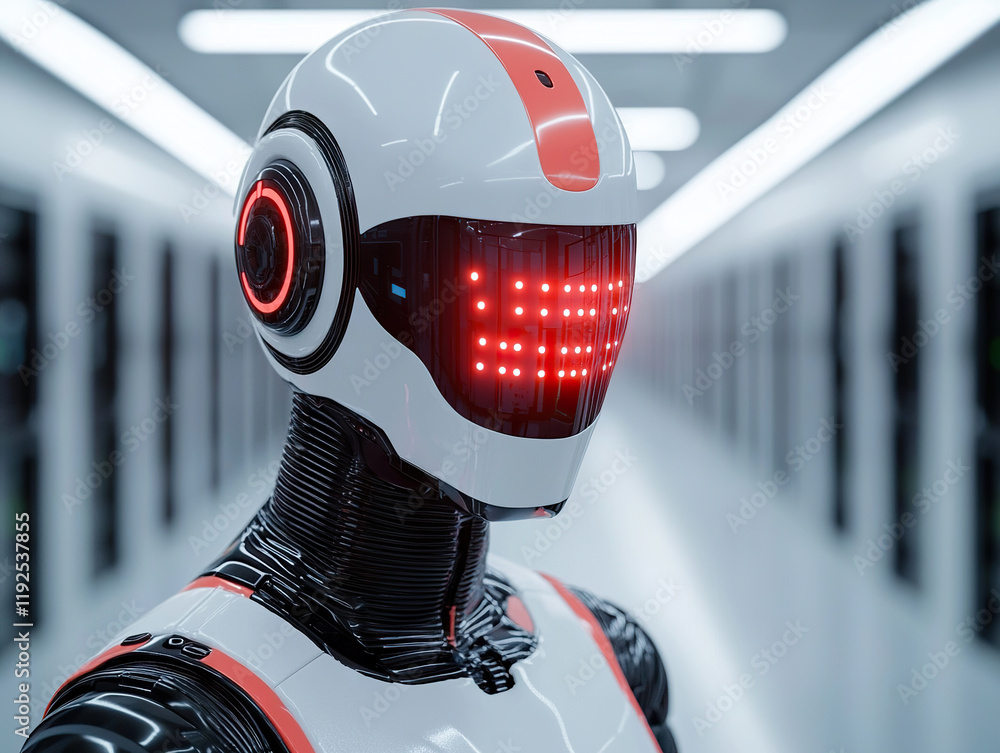 Poster futuristic ai robot with sleek design and glowing red led faceplate in high tech environment
