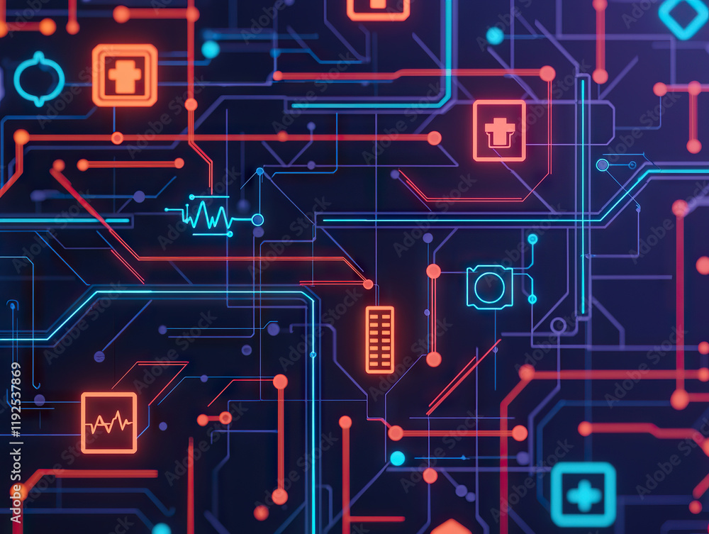 Poster digital flowchart showcasing interconnected technology icons in healthcare and innovation