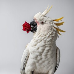 A playful cockatoo with its crest raised, curiously tilting its head while holding a red rose in its beak, isolated on a white background.