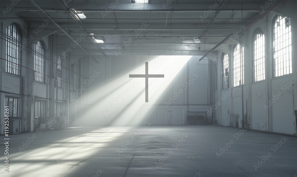 Wall mural Illuminated Cross in Abandoned Industrial Space with Sunlight Beams