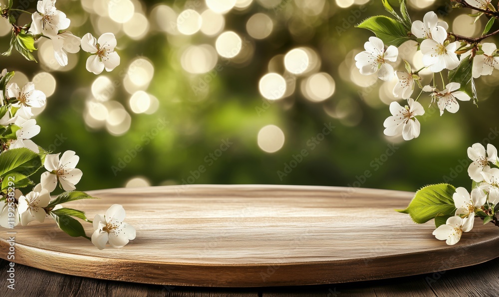 Aufkleber floral background with wooden table and bokeh effect, ideal for spring themes and product display