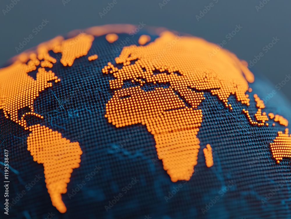 Poster glowing digital representation of world map with illuminated continents on dark background