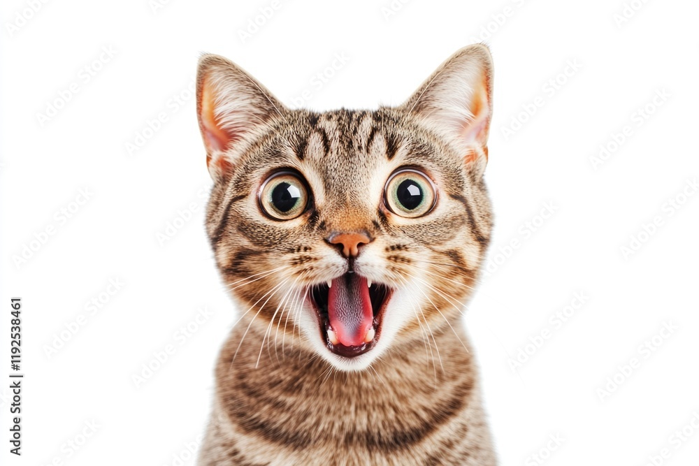Poster a close-up shot of a curious cat with its mouth open, possibly surprised or about to meow