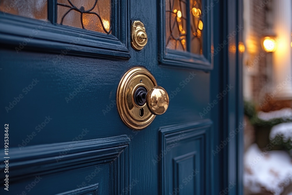 Poster close-up shot of a blue door handle with detailed texture and design