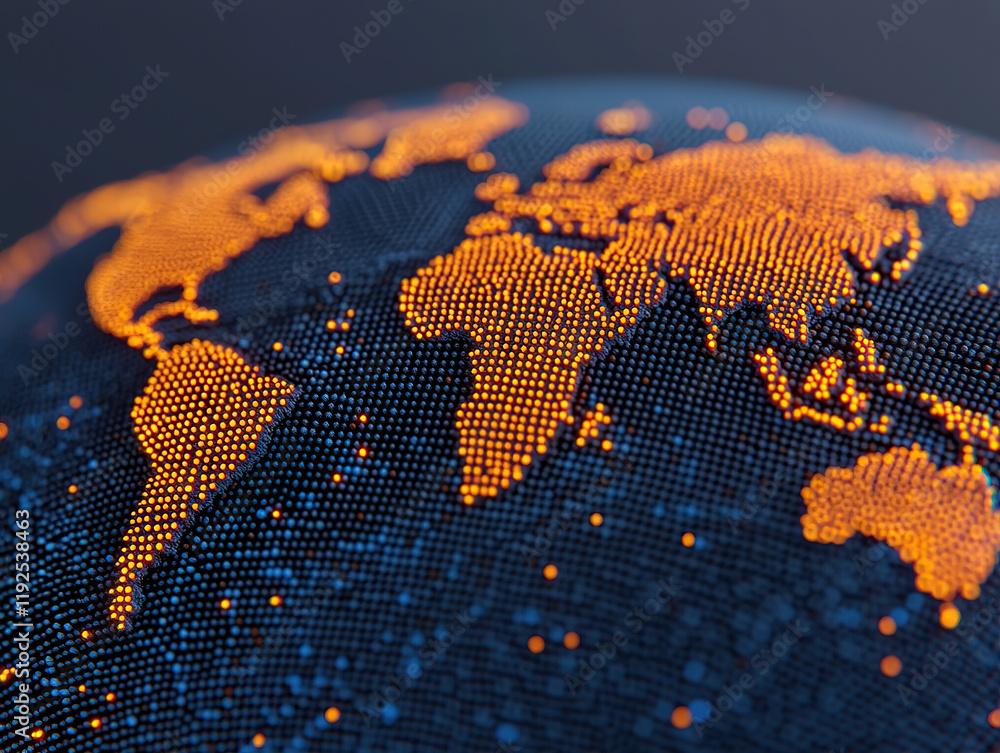 Poster digital representation of world map with glowing orange dots on dark background, symbolizing global 