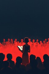 Woman reading to a large audience in a dark room.