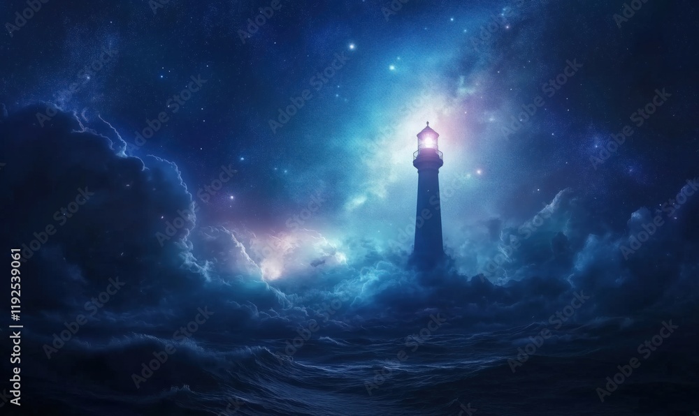Poster lighthouse illuminating cosmic ocean under starry sky, surrounded by mystical clouds and waves, crea